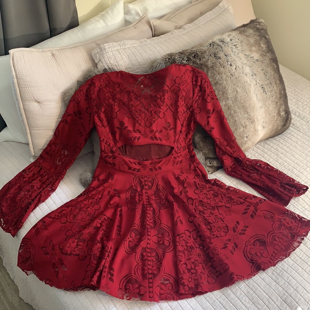 Free People Lovers Folk Song Dress burgundy sheer lace mini size 8 - Picture 12 of 16